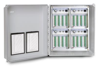 switch box with switched & continuous outputs, 20 x 16 x 10 nema 4x (ip66) fiberglass enclosure, 48 channels, terminal strip input, vib & temp jack and two-pin mil connector outputs, no connection ports